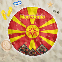 Macedonia Christmas Beach Blanket with Yellow Sun, Santa, and Festive Tree Motif - Wonder Print Shop