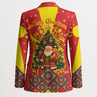 Macedonia Christmas Blazer with Yellow Sun, Santa, and Festive Tree Motif - Wonder Print Shop