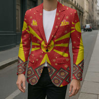 Macedonia Christmas Blazer with Yellow Sun, Santa, and Festive Tree Motif - Wonder Print Shop