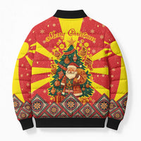 Macedonia Christmas Bomber Puffer Jacket with Yellow Sun, Santa, and Festive Tree Motif - Wonder Print Shop