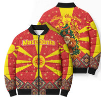 Macedonia Christmas Bomber Puffer Jacket with Yellow Sun, Santa, and Festive Tree Motif - Wonder Print Shop