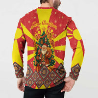 Macedonia Christmas Button Sweatshirt with Yellow Sun, Santa, and Festive Tree Motif - Wonder Print Shop
