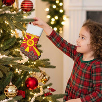 Macedonia Christmas Stocking with Yellow Sun, Santa, and Festive Tree Motif - Wonder Print Shop