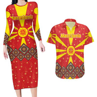 Macedonia Christmas Couples Matching Long Sleeve Bodycon Dress and Hawaiian Shirt with Yellow Sun, Santa, and Festive Tree Motif - Wonder Print Shop