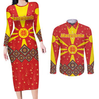 Macedonia Christmas Couples Matching Long Sleeve Bodycon Dress and Long Sleeve Button Shirt with Yellow Sun, Santa, and Festive Tree Motif - Wonder Print Shop