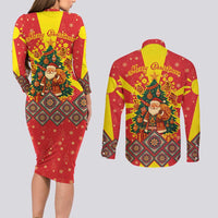 Macedonia Christmas Couples Matching Long Sleeve Bodycon Dress and Long Sleeve Button Shirt with Yellow Sun, Santa, and Festive Tree Motif - Wonder Print Shop