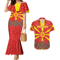 Macedonia Christmas Couples Matching Mermaid Dress and Hawaiian Shirt with Yellow Sun, Santa, and Festive Tree Motif - Wonder Print Shop