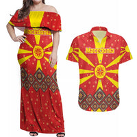 Macedonia Christmas Couples Matching Off Shoulder Maxi Dress and Hawaiian Shirt with Yellow Sun, Santa, and Festive Tree Motif - Wonder Print Shop