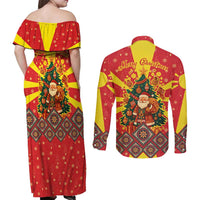 Macedonia Christmas Couples Matching Off Shoulder Maxi Dress and Long Sleeve Button Shirt with Yellow Sun, Santa, and Festive Tree Motif - Wonder Print Shop