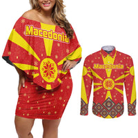 Macedonia Christmas Couples Matching Off Shoulder Short Dress and Long Sleeve Button Shirt with Yellow Sun, Santa, and Festive Tree Motif - Wonder Print Shop