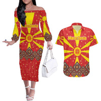 Macedonia Christmas Couples Matching Off The Shoulder Long Sleeve Dress and Hawaiian Shirt with Yellow Sun, Santa, and Festive Tree Motif - Wonder Print Shop