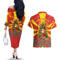 Macedonia Christmas Couples Matching Off The Shoulder Long Sleeve Dress and Hawaiian Shirt with Yellow Sun, Santa, and Festive Tree Motif - Wonder Print Shop