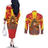 Macedonia Christmas Couples Matching Off The Shoulder Long Sleeve Dress and Long Sleeve Button Shirt with Yellow Sun, Santa, and Festive Tree Motif - Wonder Print Shop