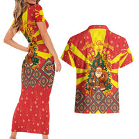 Macedonia Christmas Couples Matching Short Sleeve Bodycon Dress and Hawaiian Shirt with Yellow Sun, Santa, and Festive Tree Motif - Wonder Print Shop