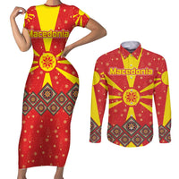Macedonia Christmas Couples Matching Short Sleeve Bodycon Dress and Long Sleeve Button Shirt with Yellow Sun, Santa, and Festive Tree Motif - Wonder Print Shop