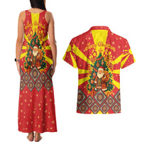 Macedonia Christmas Couples Matching Tank Maxi Dress and Hawaiian Shirt with Yellow Sun, Santa, and Festive Tree Motif - Wonder Print Shop