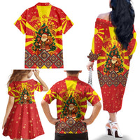 Macedonia Christmas Family Matching Off The Shoulder Long Sleeve Dress and Hawaiian Shirt with Yellow Sun, Santa, and Festive Tree Motif - Wonder Print Shop