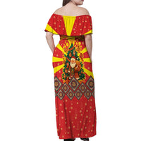 Macedonia Christmas Family Matching Off Shoulder Maxi Dress and Hawaiian Shirt with Yellow Sun, Santa, and Festive Tree Motif - Wonder Print Shop