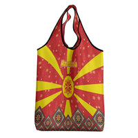 Macedonia Christmas Grocery Bag with Yellow Sun, Santa, and Festive Tree Motif - Wonder Print Shop
