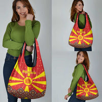 Macedonia Christmas Grocery Bag with Yellow Sun, Santa, and Festive Tree Motif - Wonder Print Shop