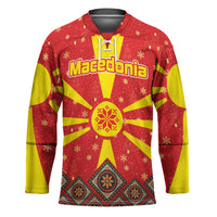 Macedonia Christmas Hockey Jersey with Yellow Sun, Santa, and Festive Tree Motif - Wonder Print Shop