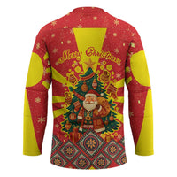 Macedonia Christmas Hockey Jersey with Yellow Sun, Santa, and Festive Tree Motif - Wonder Print Shop
