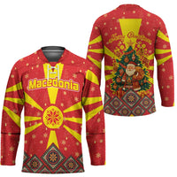 Macedonia Christmas Hockey Jersey with Yellow Sun, Santa, and Festive Tree Motif - Wonder Print Shop