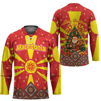 Macedonia Christmas Hockey Jersey with Yellow Sun, Santa, and Festive Tree Motif - Wonder Print Shop