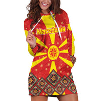 Macedonia Christmas Hoodie Dress with Yellow Sun, Santa, and Festive Tree Motif - Wonder Print Shop