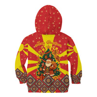 Macedonia Christmas Kid Hoodie with Yellow Sun, Santa, and Festive Tree Motif - Wonder Print Shop
