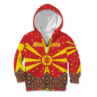Macedonia Christmas Kid Hoodie with Yellow Sun, Santa, and Festive Tree Motif - Wonder Print Shop