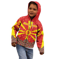 Macedonia Christmas Kid Hoodie with Yellow Sun, Santa, and Festive Tree Motif - Wonder Print Shop