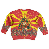 Macedonia Christmas Kid Ugly Christmas Sweater with Yellow Sun, Santa, and Festive Tree Motif - Wonder Print Shop
