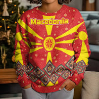 Macedonia Christmas Kid Ugly Christmas Sweater with Yellow Sun, Santa, and Festive Tree Motif - Wonder Print Shop