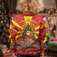 Macedonia Christmas Kid Ugly Christmas Sweater with Yellow Sun, Santa, and Festive Tree Motif - Wonder Print Shop