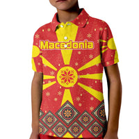 Macedonia Christmas Kid Polo Shirt with Yellow Sun, Santa, and Festive Tree Motif - Wonder Print Shop