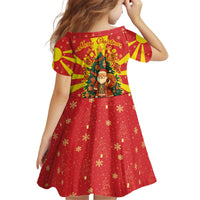 Macedonia Christmas Kid Short Sleeve Dress with Yellow Sun, Santa, and Festive Tree Motif - Wonder Print Shop