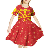 Macedonia Christmas Kid Short Sleeve Dress with Yellow Sun, Santa, and Festive Tree Motif - Wonder Print Shop