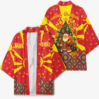 Macedonia Christmas Kimono with Yellow Sun, Santa, and Festive Tree Motif - Wonder Print Shop