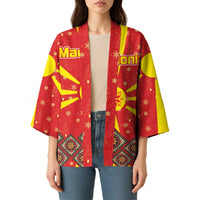 Macedonia Christmas Kimono with Yellow Sun, Santa, and Festive Tree Motif - Wonder Print Shop