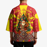 Macedonia Christmas Kimono with Yellow Sun, Santa, and Festive Tree Motif - Wonder Print Shop