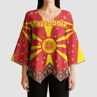 Macedonia Christmas Kimono Sleeve Blouse with Yellow Sun, Santa, and Festive Tree Motif - Wonder Print Shop