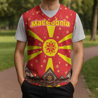 Macedonia Christmas Knitted V-Neck Vest with Yellow Sun, Santa, and Festive Tree Motif - Wonder Print Shop