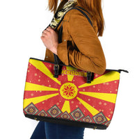 Macedonia Christmas Leather Tote Bag with Yellow Sun, Santa, and Festive Tree Motif - Wonder Print Shop