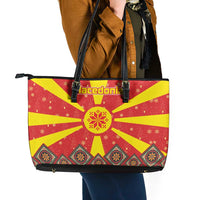 Macedonia Christmas Leather Tote Bag with Yellow Sun, Santa, and Festive Tree Motif - Wonder Print Shop