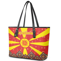 Macedonia Christmas Leather Tote Bag with Yellow Sun, Santa, and Festive Tree Motif - Wonder Print Shop