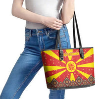 Macedonia Christmas Leather Tote Bag with Yellow Sun, Santa, and Festive Tree Motif - Wonder Print Shop
