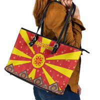 Macedonia Christmas Leather Tote Bag with Yellow Sun, Santa, and Festive Tree Motif - Wonder Print Shop