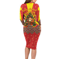 Macedonia Christmas Long Sleeve Bodycon Dress with Yellow Sun, Santa, and Festive Tree Motif - Wonder Print Shop