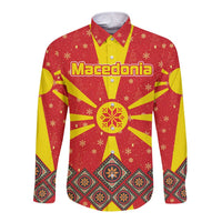 Macedonia Christmas Long Sleeve Button Shirt with Yellow Sun, Santa, and Festive Tree Motif - Wonder Print Shop